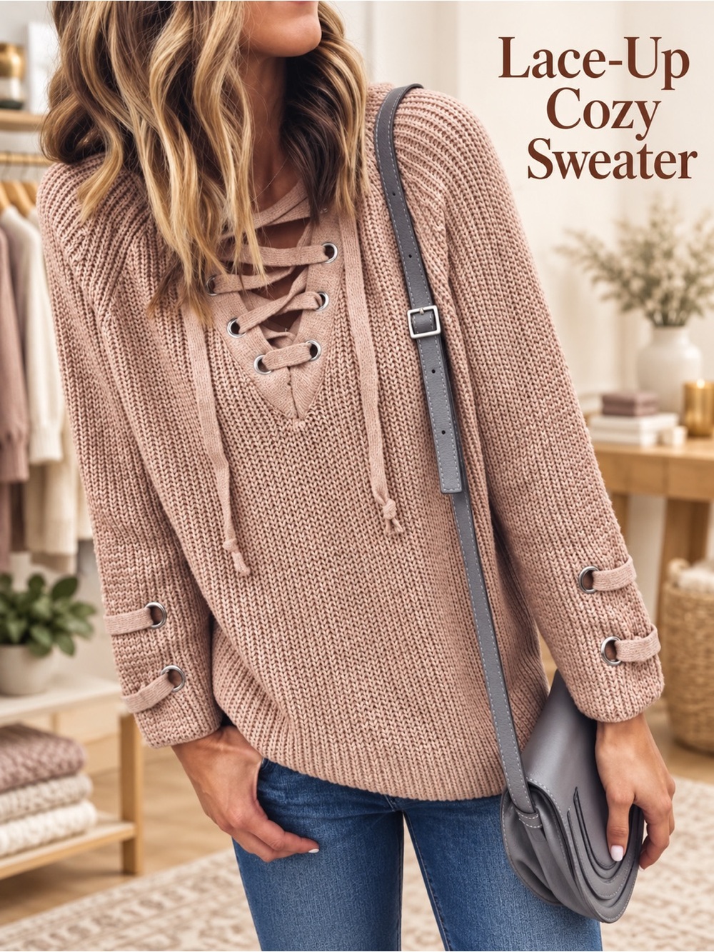 Lace Up Cozy Tan~Taupe Sweater NEW